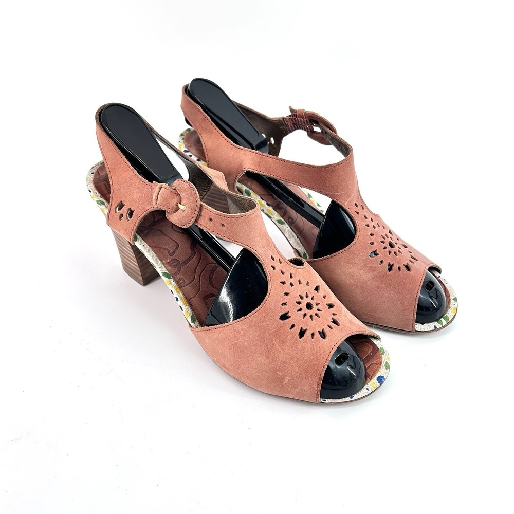 Boho Leather‎ Slingback Sandals Peep Toe Cutout Block Heel 8B Resort Vacation
